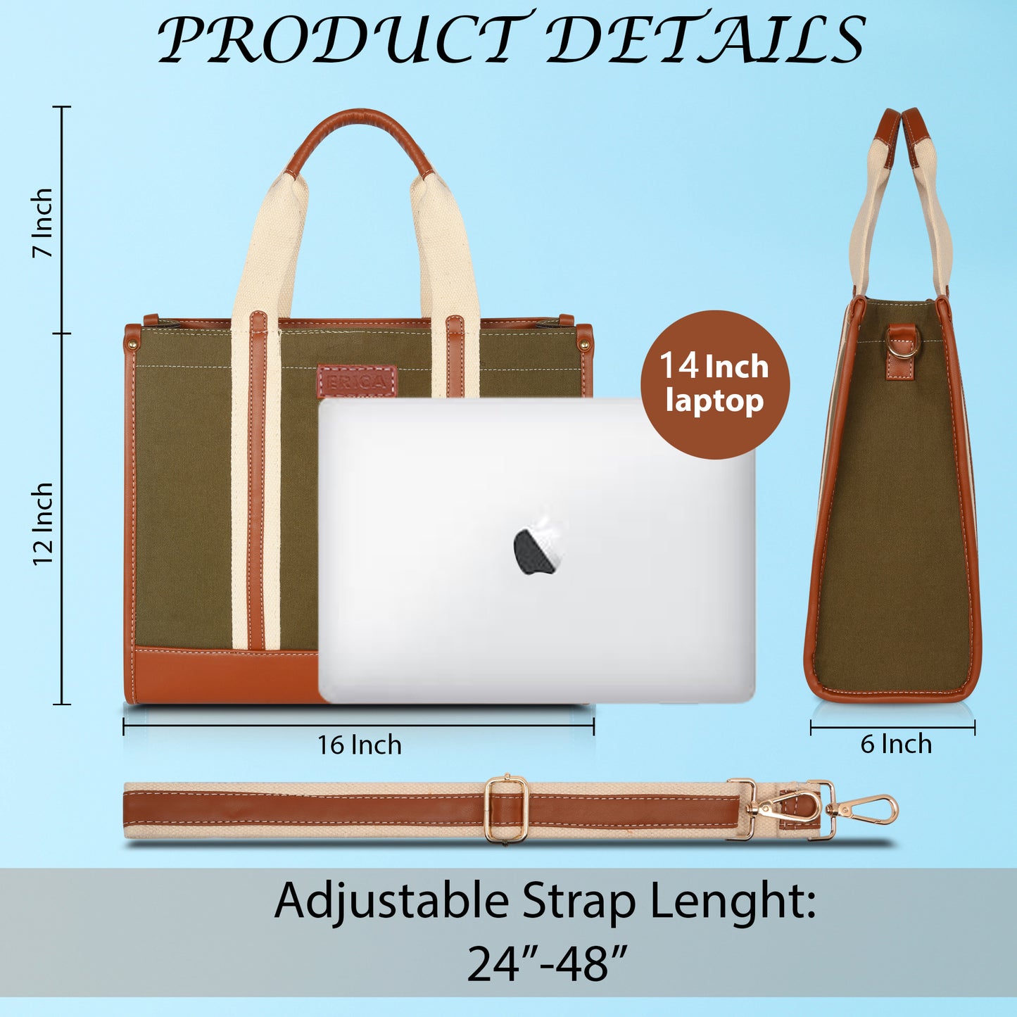Canvas Laptop Tote Bag 14 inch Casual Briefcase Handbag
