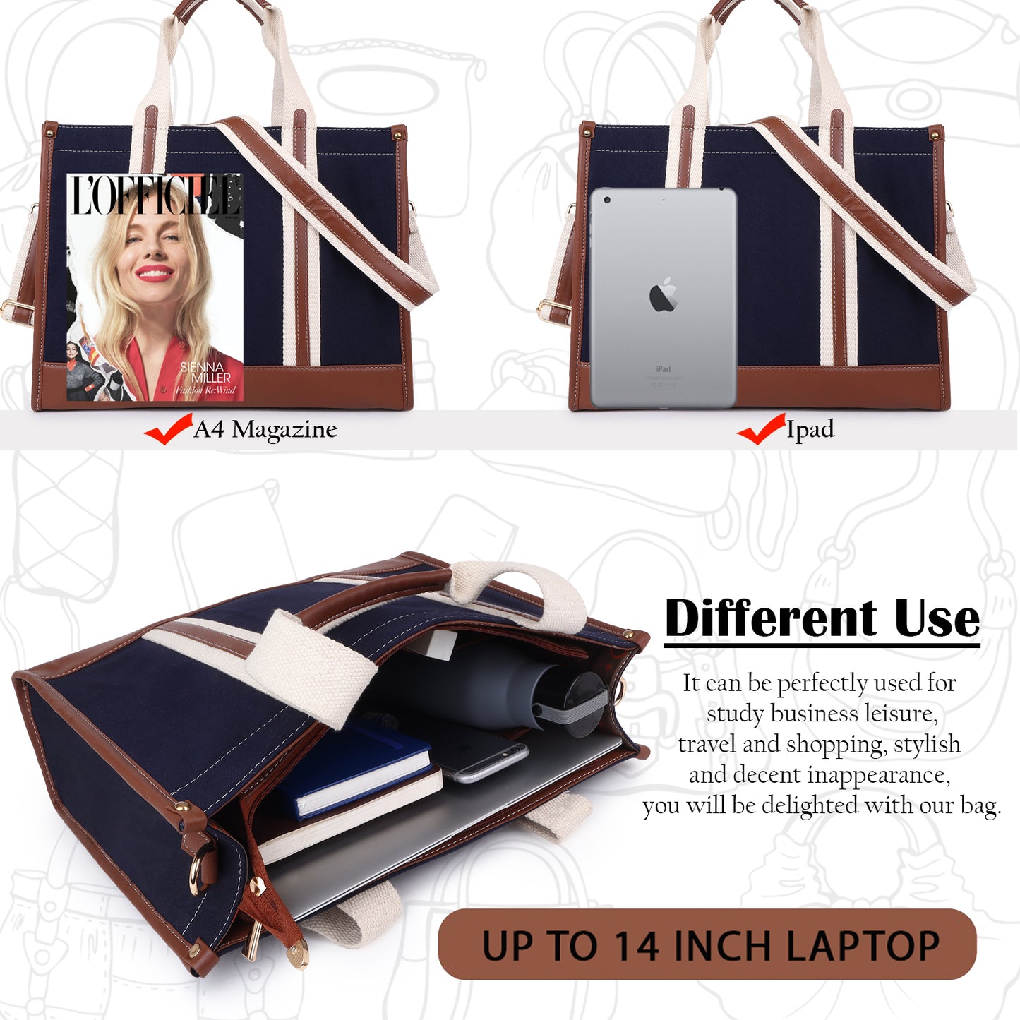 Canvas Laptop Tote Bag 14 inch Casual Briefcase Handbag