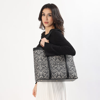 Womanix Multicolor Abstract Printed Handmade Women's Office Bag with double handles, Crossbody Top Handle Bags with Zipper (Grey Black)