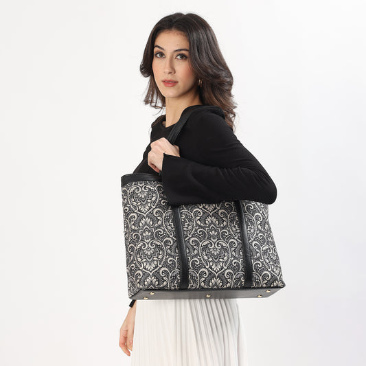 Womanix Multicolor Abstract Printed Handmade Women's Office Bag with double handles, Crossbody Top Handle Bags with Zipper (Grey Black)