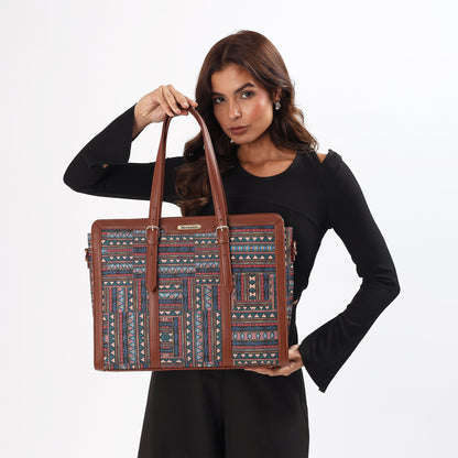 Womanix Women's  floral and geometric pattern Satchel Handbag for Women | Satchel Bag for Work | Ladies purse | Stylish Shoulder Bag | Gift For Women (Peach Skyblue)