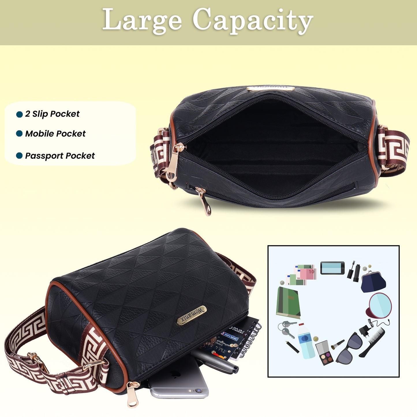 Womanix Trendy Sling Bag with Adjustable Straps | Faux-Leather Women's Handbags | Sling for Casual Carry Ladies Purse, Girls Cross Body Bag (0109)