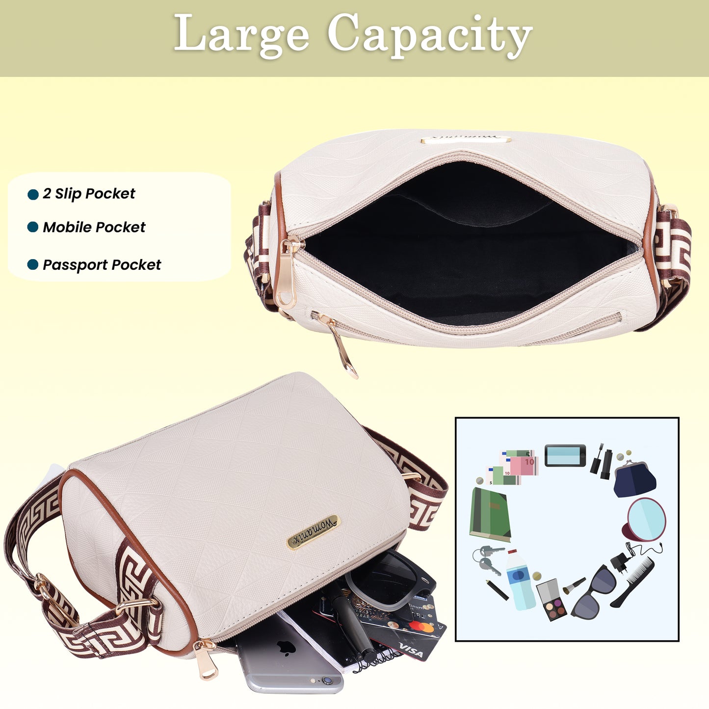 Womanix Trendy Sling Bag with Adjustable Straps | Faux-Leather Women's Handbags | Sling for Casual Carry Ladies Purse, Girls Cross Body Bag (0109)