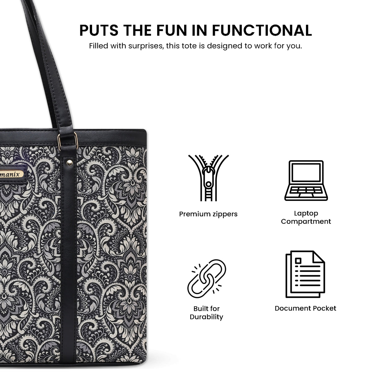 Womanix Multicolor Abstract Printed Handmade Women's Office Bag with double handles, Crossbody Top Handle Bags with Zipper (Grey Black)