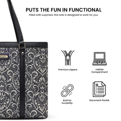 Womanix Multicolor Abstract Printed Handmade Women's Office Bag with double handles, Crossbody Top Handle Bags with Zipper (Grey Black)