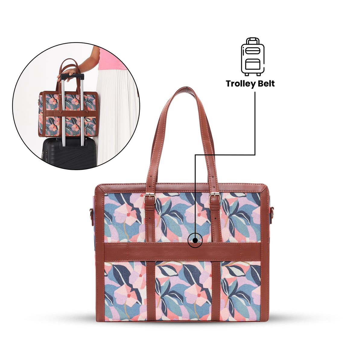 Womanix Women's  floral and geometric pattern Satchel Handbag for Women | Satchel Bag for Work | Ladies purse | Stylish Shoulder Bag | Gift For Women (Peach Skyblue)