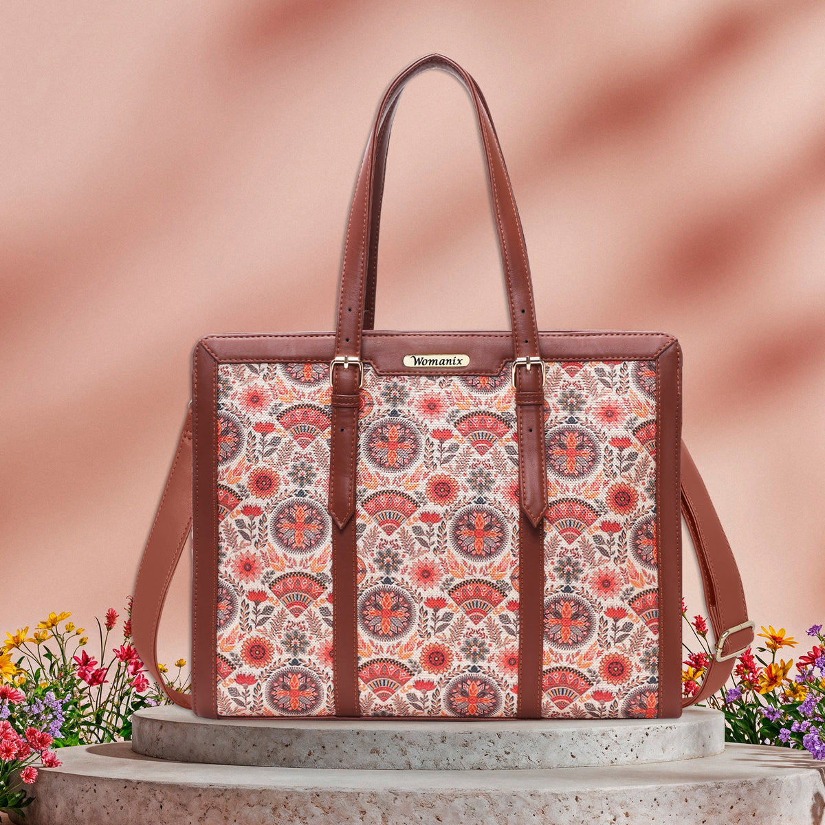 Womanix Women's  floral and geometric pattern Satchel Handbag for Women | Satchel Bag for Work | Ladies purse | Stylish Shoulder Bag | Gift For Women (Peach Skyblue)