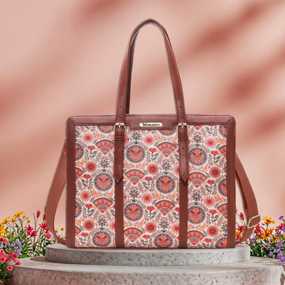 Womanix Women's  floral and geometric pattern Satchel Handbag for Women | Satchel Bag for Work | Ladies purse | Stylish Shoulder Bag | Gift For Women (Peach Skyblue)